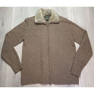 Eddie Bauer‎ Sweater Jacket Women Large Brown Wool Alpaca Fur Trim Cardigan Zip